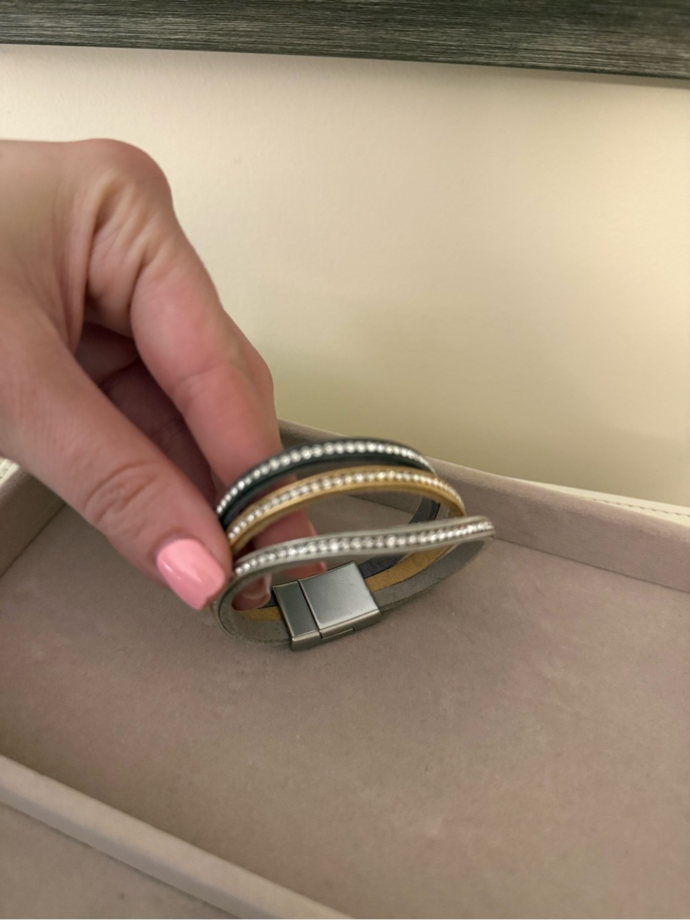 Triple-Row Leather Wrap Bracelet with Crystal Detailing - Gray, Gold, Black